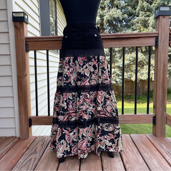 Vintage d. Jeans Mixed Fabric Floral Tiered Maxi Skirt Size 14 Boho Y2K New - Picture 2 of 14